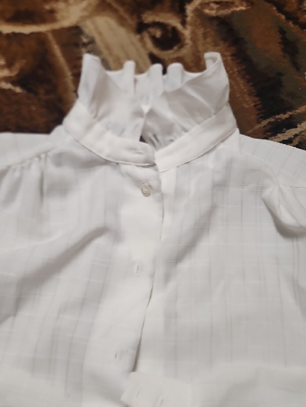 Vintage Ruffled High-Neck White Button-Down Blouse - Picture 4 of 12